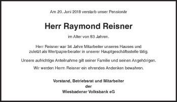 Traueranzeige von Raymond Reisner von Trauerportal Rhein Main Presse