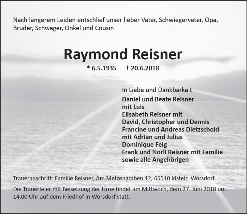  Traueranzeige für Raymond Reisner vom 23.06.2018 aus Trauerportal Rhein Main Presse