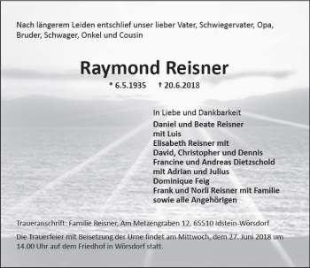Traueranzeige von Raymond Reisner von Trauerportal Rhein Main Presse