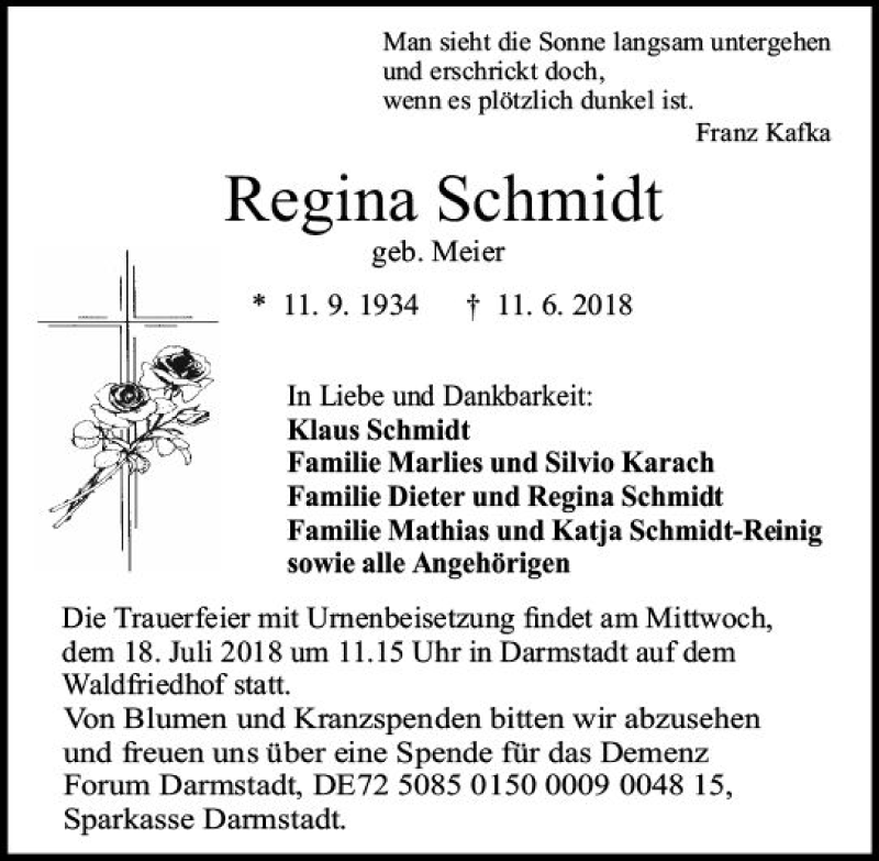  Traueranzeige für Regina Schmidt vom 23.06.2018 aus Trauerportal Rhein Main Presse