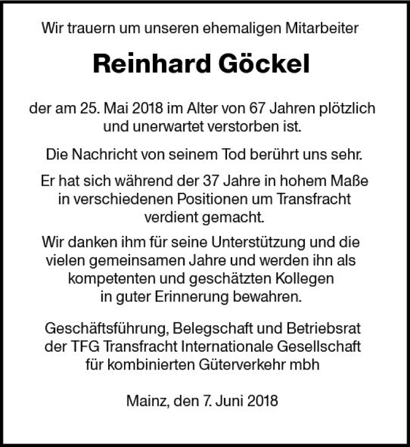 Traueranzeige für Reinhard Göckel vom 07.06.2018 aus Trauerportal Rhein Main Presse