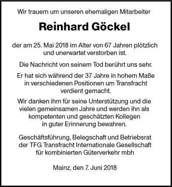 Traueranzeige von Reinhard Göckel von Trauerportal Rhein Main Presse