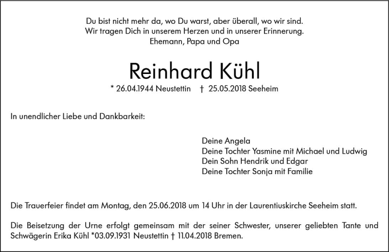  Traueranzeige für Reinhard Kühl vom 09.06.2018 aus Trauerportal Rhein Main Presse