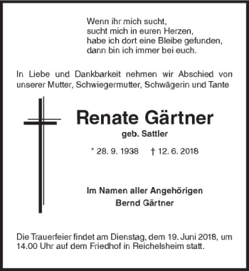 Traueranzeige von Renate Gärtner von Trauerportal Rhein Main Presse