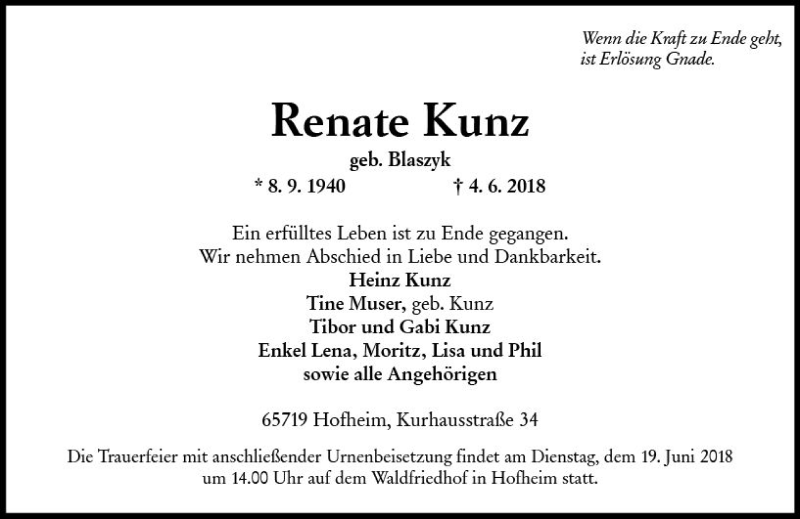  Traueranzeige für Renate Kunz vom 15.06.2018 aus Trauerportal Rhein Main Presse