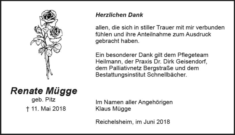  Traueranzeige für Renate Mügge vom 19.06.2018 aus Trauerportal Rhein Main Presse