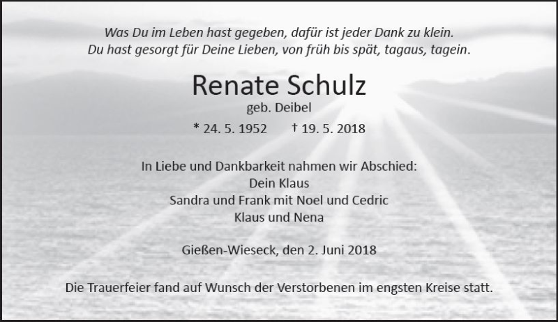  Traueranzeige für Renate Schulz vom 02.06.2018 aus  Gießener Anzeiger