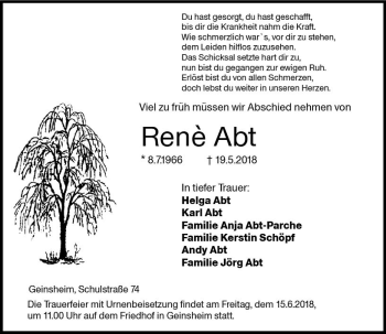 Traueranzeige von Rene Abt von Trauerportal Rhein Main Presse