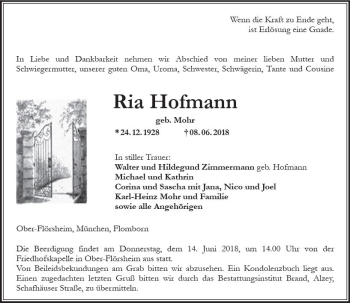Traueranzeige von Ria Hofmann von Trauerportal Rhein Main Presse
