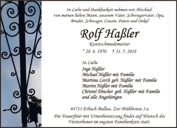 Traueranzeige von Rolf Haßler von Trauerportal Rhein Main Presse