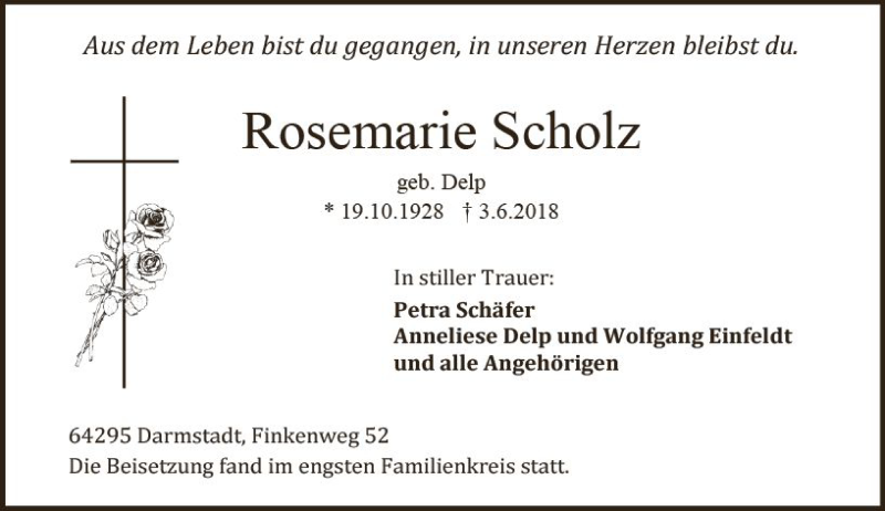  Traueranzeige für Rosemarie Scholz vom 23.06.2018 aus Trauerportal Rhein Main Presse