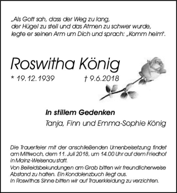 Traueranzeige von Roswitha König von Trauerportal Rhein Main Presse