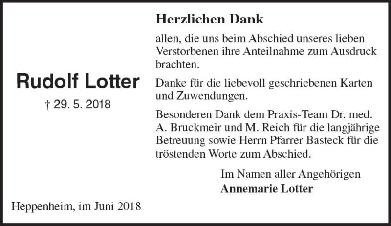  Traueranzeige für Rudolf Lotter vom 23.06.2018 aus Trauerportal Rhein Main Presse