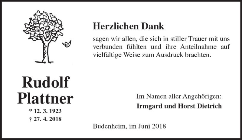  Traueranzeige für Rudolf Plattner vom 02.06.2018 aus Trauerportal Rhein Main Presse