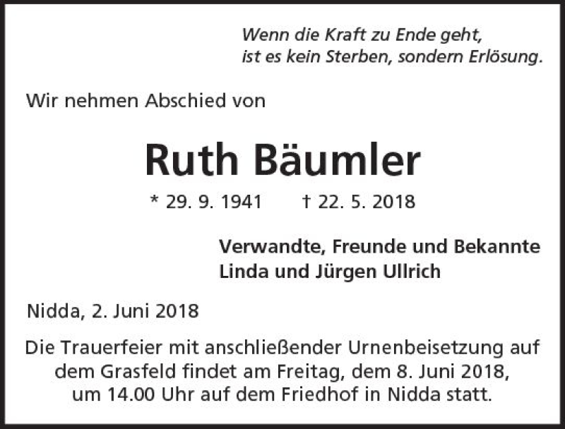  Traueranzeige für Ruth Bäumler vom 02.06.2018 aus  Kreisanzeiger