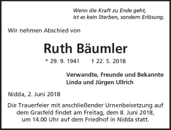 Traueranzeige von Ruth Bäumler von  Kreisanzeiger