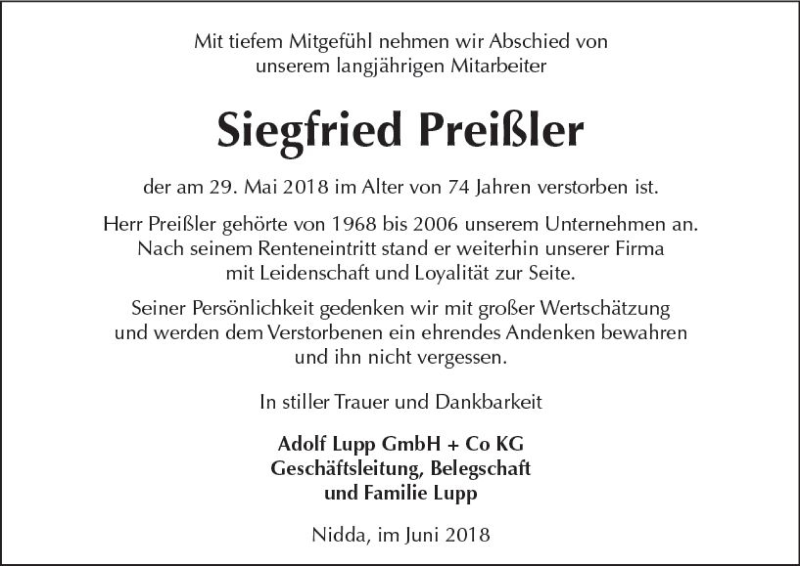  Traueranzeige für Siegfried Preißler vom 09.06.2018 aus  Kreisanzeiger