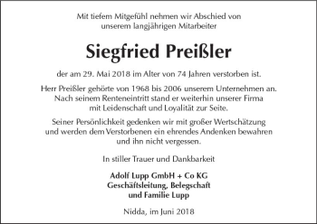 Traueranzeige von Siegfried Preißler von  Kreisanzeiger