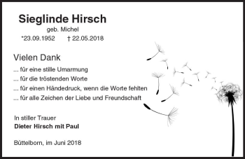 Traueranzeige von Sieglinde Hirsch von Trauerportal Rhein Main Presse