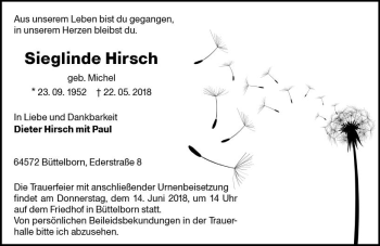Traueranzeige von Sieglinde Hirsch von Trauerportal Rhein Main Presse