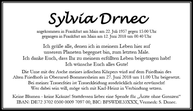  Traueranzeige für Sylvia Drnec vom 23.06.2018 aus  Kreisanzeiger