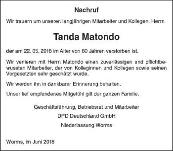 Traueranzeige von Tanda Matondo von Trauerportal Rhein Main Presse