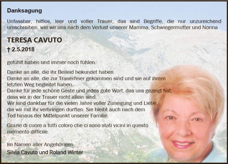  Traueranzeige für Teresa Cavuto vom 02.06.2018 aus Trauerportal Rhein Main Presse