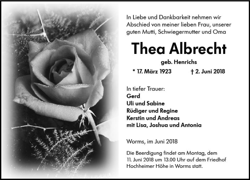  Traueranzeige für Thea Albrecht vom 09.06.2018 aus Trauerportal Rhein Main Presse