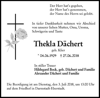 Traueranzeige von Thekla Dächert von Trauerportal Rhein Main Presse