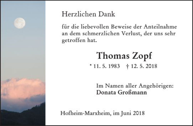  Traueranzeige für Thomas Zopf vom 15.06.2018 aus Trauerportal Rhein Main Presse