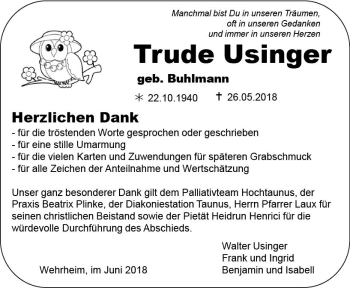 Traueranzeige von Trude Usinger von  Usinger Anzeiger