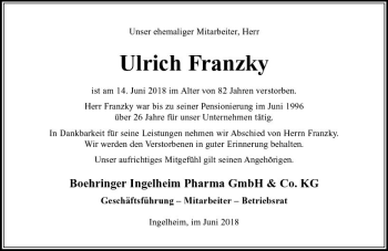 Traueranzeige von Ulrich Franzky von Trauerportal Rhein Main Presse