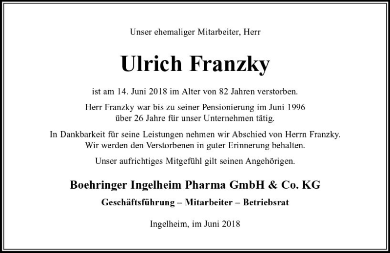  Traueranzeige für Ulrich Franzky vom 21.06.2018 aus Trauerportal Rhein Main Presse