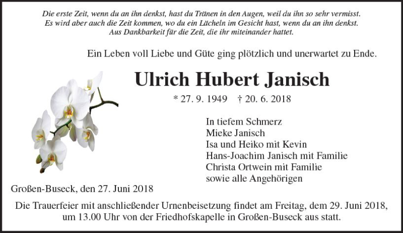  Traueranzeige für Ulrich Hubert Janisch vom 27.06.2018 aus  Gießener Anzeiger