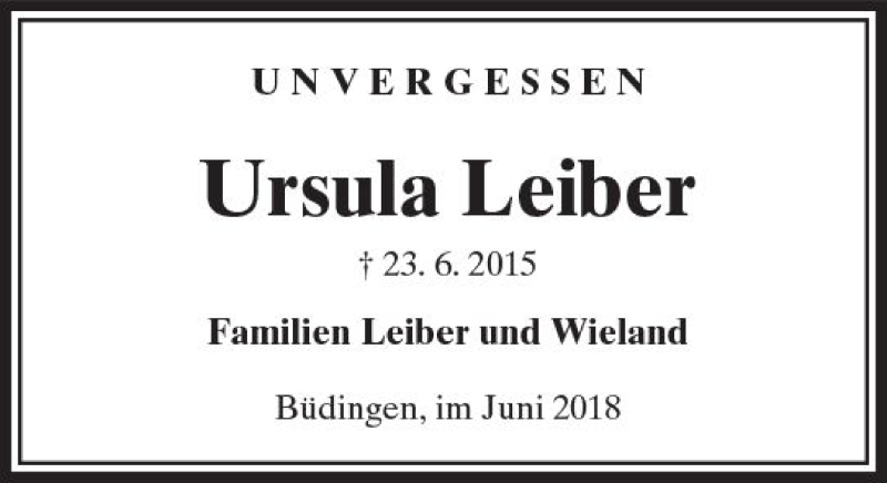  Traueranzeige für Ursula Leiber vom 23.06.2018 aus  Kreisanzeiger