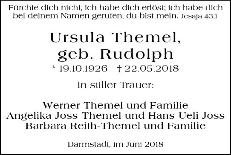  Traueranzeige für Ursula Themel vom 16.06.2018 aus Trauerportal Rhein Main Presse