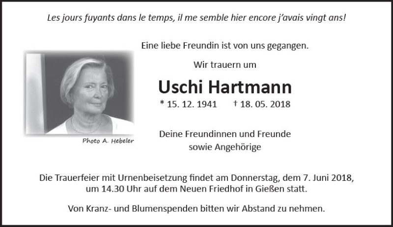  Traueranzeige für Uschi Hartmann vom 02.06.2018 aus  Gießener Anzeiger