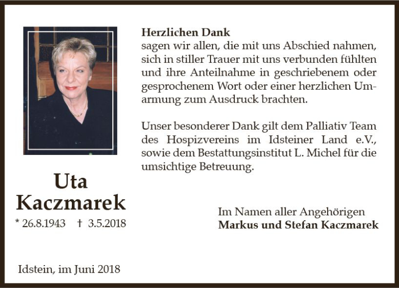  Traueranzeige für Uta Kaczmarek vom 02.06.2018 aus Trauerportal Rhein Main Presse