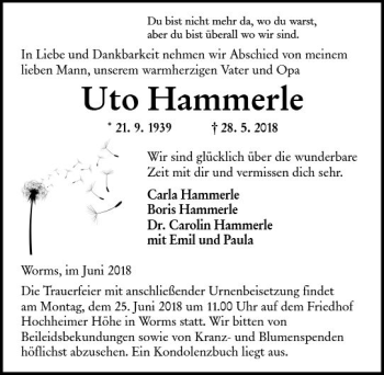 Traueranzeige von Uto Hammerle von Trauerportal Rhein Main Presse