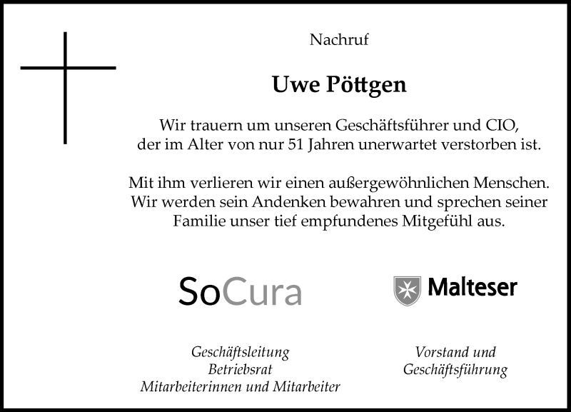  Traueranzeige für Uwe Pöttgen vom 16.06.2018 aus  Usinger Anzeiger