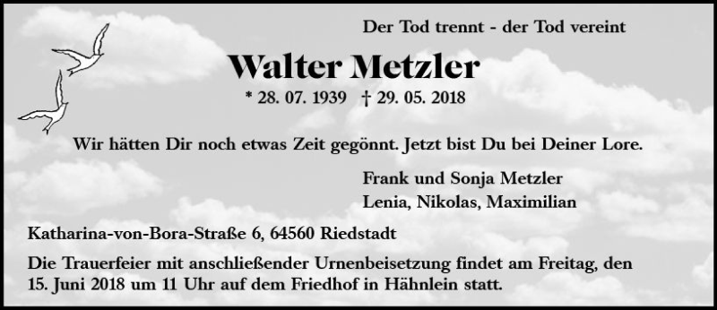  Traueranzeige für Walter Metzler vom 09.06.2018 aus Trauerportal Rhein Main Presse