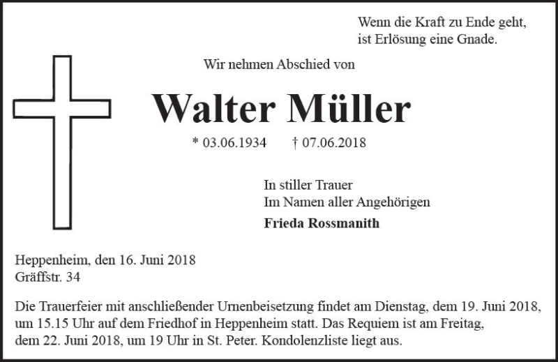  Traueranzeige für Walter Müller vom 16.06.2018 aus Trauerportal Rhein Main Presse