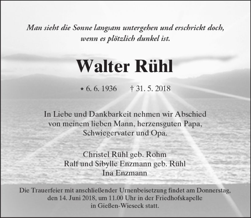  Traueranzeige für Walter Rühl vom 09.06.2018 aus  Gießener Anzeiger