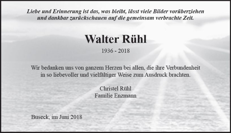 Traueranzeige für Walter Rühl vom 30.06.2018 aus  Gießener Anzeiger