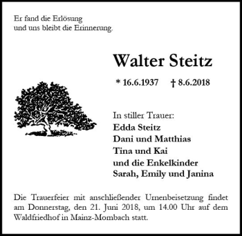 Traueranzeige von Walter Steitz von Trauerportal Rhein Main Presse