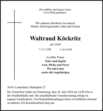 Traueranzeige von Waltraud Köckritz von VRM Trauer