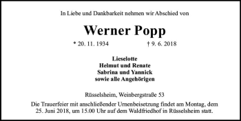 Traueranzeige von Werner Popp von Trauerportal Rhein Main Presse