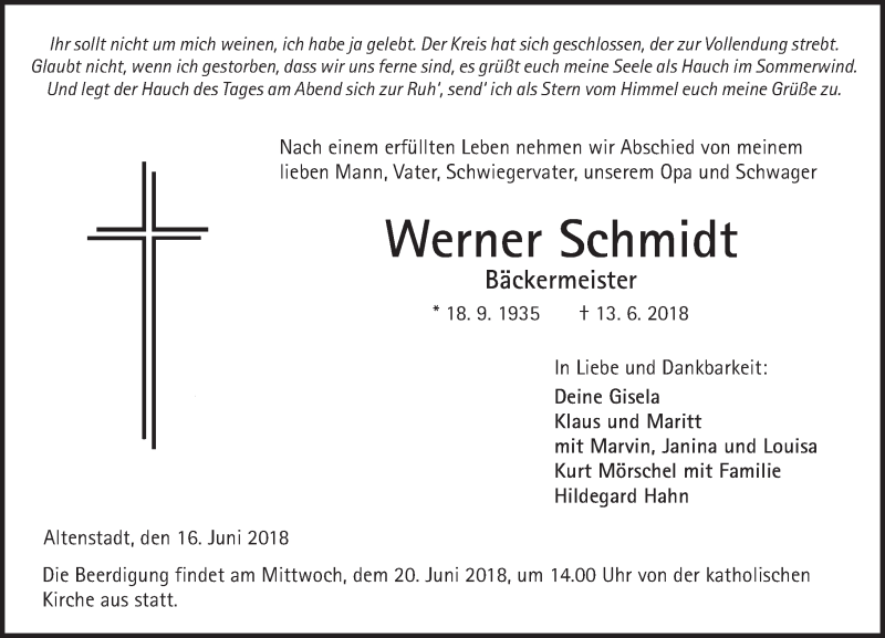  Traueranzeige für Werner Schmidt vom 16.06.2018 aus  Kreisanzeiger