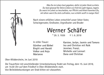 Traueranzeige von Werner Schäfer von  Kreisanzeiger
