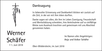 Traueranzeige von Werner Schäfer von  Kreisanzeiger